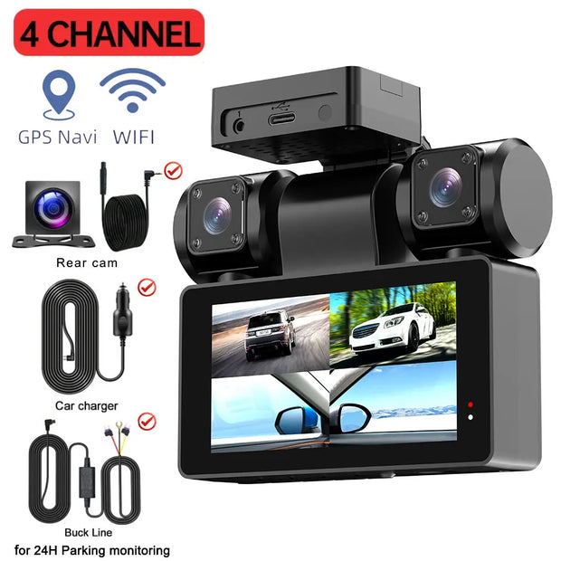 4 Channel Car DVR Dash Camera Wi-Fi GPS Car Camera 360 Dash Cam Front and Rear Inside Left Right 3k*1080P 4 Lens Video Recorder