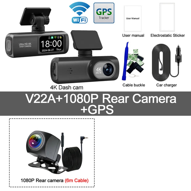 Soam Dash Cam 4K+1080P Dual-channel Dash Car Camera Recorder With GPS WiFi Car DVR 24H Parking Monitor Black Box