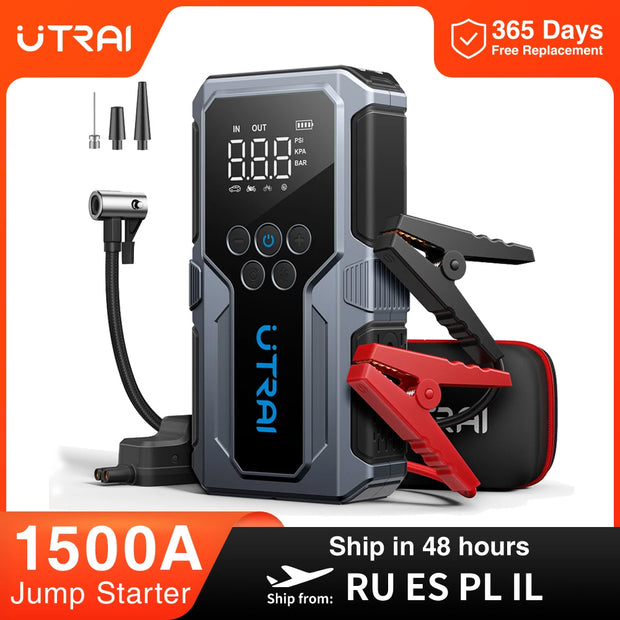 UTRAI 1500A Car Jump Starter Power Bank Portable 150PSI Air Pump Car Battery Emergency Boosters Starting Device Car Starter 2024