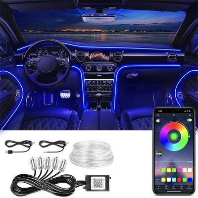 LED Car Interior Ambient Strip Lights RGB Fiber Optic Atmosphere Neon Lighting Kit W/ APP Remote Control Auto Decorative Lamps