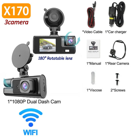 3Camera Dash Cam For Car Camera 1080P Video Recorder WIFI Car DVR Front Rear View Camera Night Vision Black Box Car Accessories