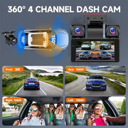 4 Channel Car DVR Dash Camera Wi-Fi GPS Car Camera 360 Dash Cam Front and Rear Inside Left Right 3k*1080P 4 Lens Video Recorder