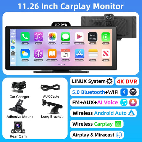 11.26 Inch 4K DVR Wireless CarPlay & Android Auto Dash Cam Bluetooth Audio GPS Navigation Dashboard Dual Lens Video Recorder