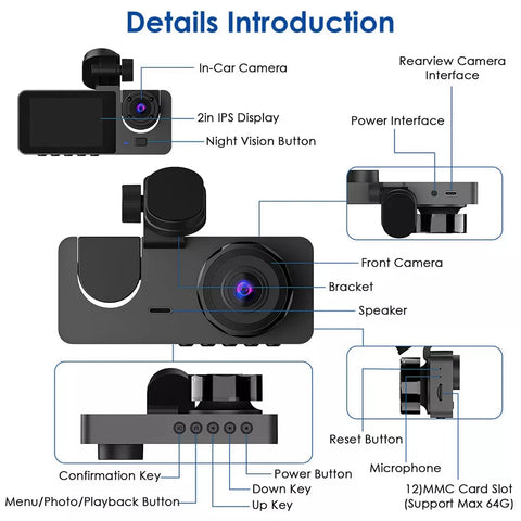 3 Channel Car DVR Camera Dash Cam HD 1080P 3-Lens Front /Rear /Inside Triple Wifi Car Camera Video Recorder Dashcam Camcorder