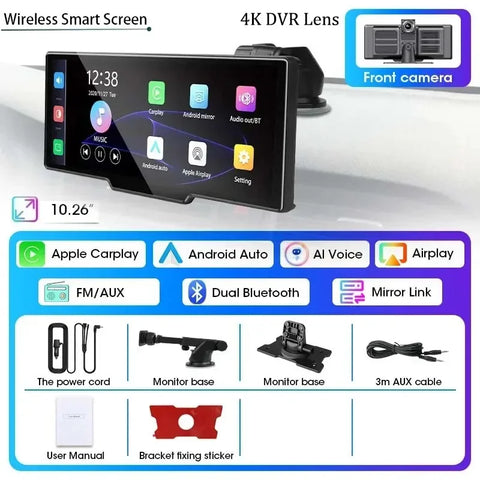 10.26" Dash Cam 4K 3840x2160 Wireless Carplay & Android Auto Navigation Voice Control Car DVR Rearview Camera BT Monitor Screen