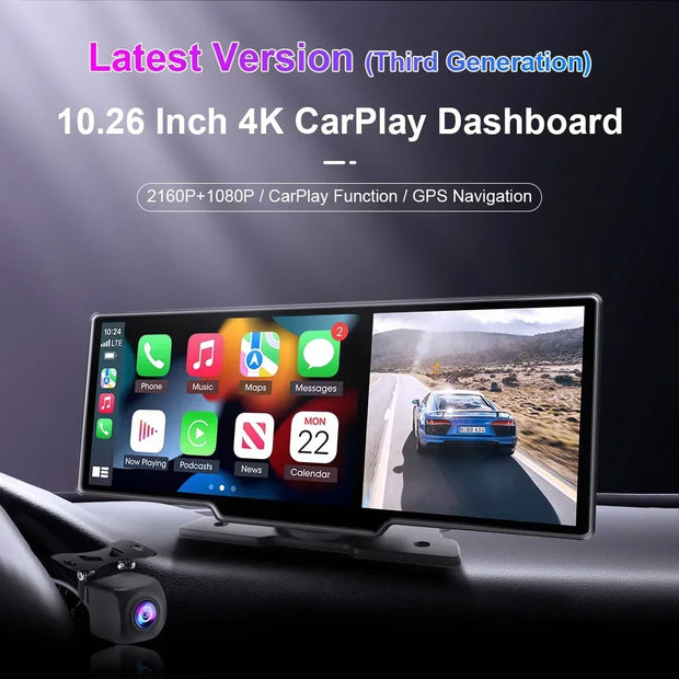 10.26" Dash Cam 4K 3840x2160 Wireless Carplay & Android Auto Navigation Voice Control Car DVR Rearview Camera BT Monitor Screen