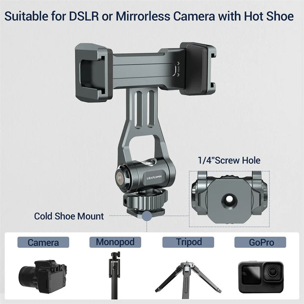 2025 Aluminum Camera Hot Shoe Phone Holder Monitor Tripod Adapter w Dual ColdShoe for iPhone Samsung DSLR Camera Mic Fill Light