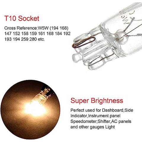 10 X Clear Signal Lamp Glass T10 W5W 501 194 White 12V 5W/3W Warm White W2.1x9.5d Single Filament Car Bulb Auto Light