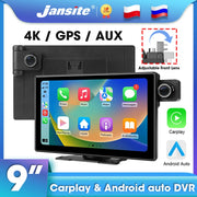 Jansite 9" Car DVR 4K Dashcam Adjustable Front cam Mirror Video Recorder Wireless Carplay Android Auto Dual Lens Ai Screen Video