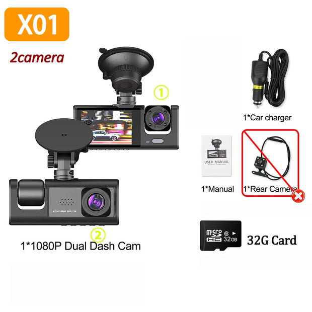 1080P Car Dvr 3 Camra Dash Cam for Cars Camera for Vehicle Recorder Video Front and Rear Camera W/ IR Night Vision Dashcam