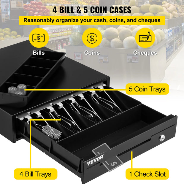 VEVOR Cash Register Drawer 16" 12 V for POS System Tray Removable Coin Compartment & 2 Keys Included RJ11/RJ12 Cable Drawer